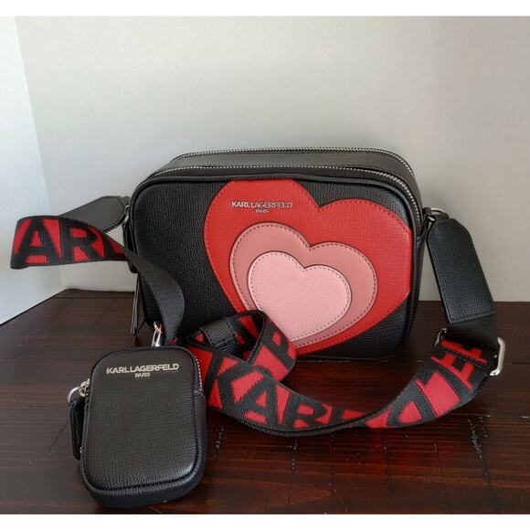 Karl Lagerfeld Paris Handbags - Karl Lagerfeld Paris Maybelle NWT Black Heart‎ Red/Pink Crossbody W/Coin Pouch